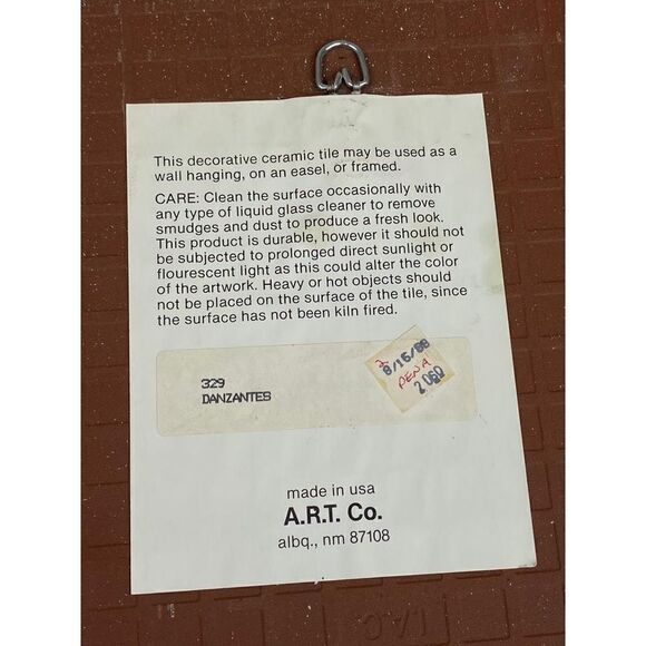 Southwest Native American Tile A.R.T. Co. Danzantes Amado Pena 11 7/8” X 11 7/8” - Picture 4 of 6